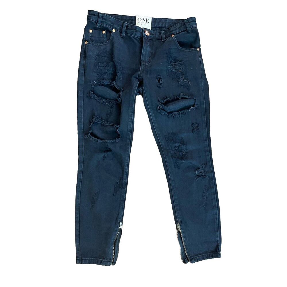 One x One Teaspoon Trashed Free Birds Dark Blue Distressed Women's Jeans Size 27